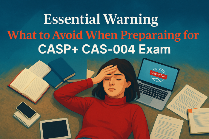 Stressed student in red sweater lies on floor surrounded by study materials and tech devices. Text above reads: “Essential Warning – What to Avoid When Preparing for CASP+ CAS-004 Exam.