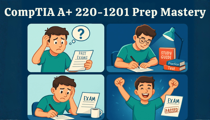 “Four-panel illustration of a student struggling, studying, and then celebrating after passing the CompTIA A+ 220-1201 exam.”