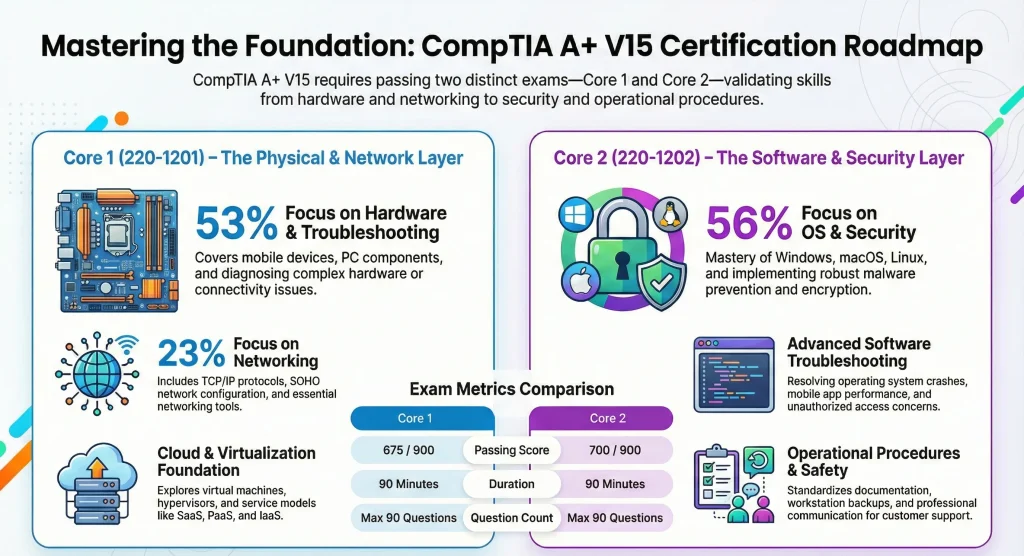 Infographic titled “Mastering the Foundation: CompTIA A+ V15 Certification Roadmap” showing Core 1 and Core 2 focus areas, percentage emphasis, and exam metrics comparison with colorful technology and security visuals.