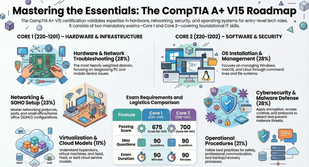 Infographic titled “Mastering the Essentials: The CompTIA A+ V15 Roadmap” comparing Core 1 (220-1201) and Core 2 (220-1202) exam domains, weights, and key exam requirements with illustrated IT-themed icons.