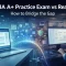 A horizontal promotional banner showing a split comparison between a laptop-based CompTIA A+ practice exam setup and a professional real exam environment connected by a glowing digital bridge, with the headline “CompTIA A+ Practice Exam vs Real Exam: How to Bridge the Gap.”