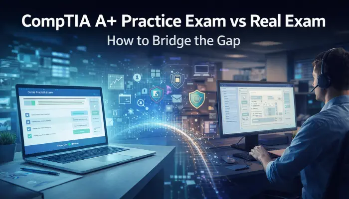 A horizontal promotional banner showing a split comparison between a laptop-based CompTIA A+ practice exam setup and a professional real exam environment connected by a glowing digital bridge, with the headline “CompTIA A+ Practice Exam vs Real Exam: How to Bridge the Gap.”