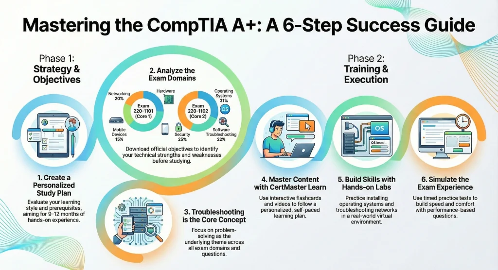 Infographic titled “Mastering the CompTIA A+: A 6-Step Success Guide” outlining strategy, exam domain analysis, troubleshooting focus, content mastery, hands-on labs, and exam simulation for CompTIA A+ preparation.
