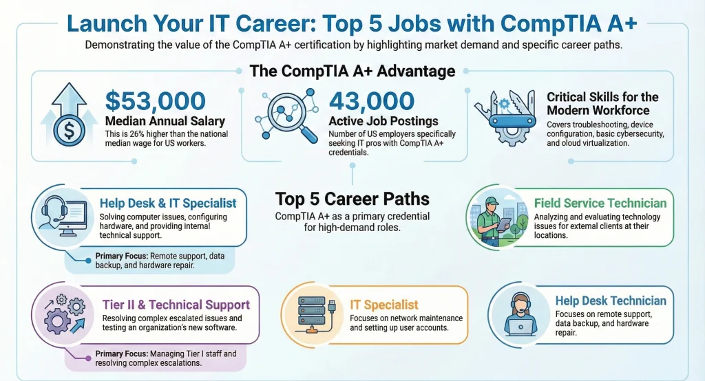 Infographic titled “Launch Your IT Career: Top 5 Jobs with CompTIA A+” highlighting salary data, job demand, key skills, and five career paths including Help Desk Technician, IT Specialist, Tier II Technical Support, Field Service Technician, and IT Specialist roles.