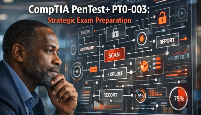 A realistic image of a professional reviewing a digital strategic board with cybersecurity flowcharts, embodying strategic preparation for the CompTIA PenTest+ PT0-003 exam.