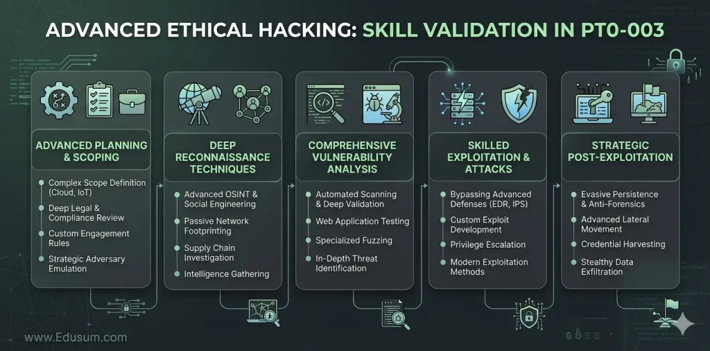 Infographic titled “Advanced Ethical Hacking: Skill Validation in PT0-003” showing five stages including planning, reconnaissance, vulnerability analysis, exploitation, and post-exploitation with key skills listed under each.
