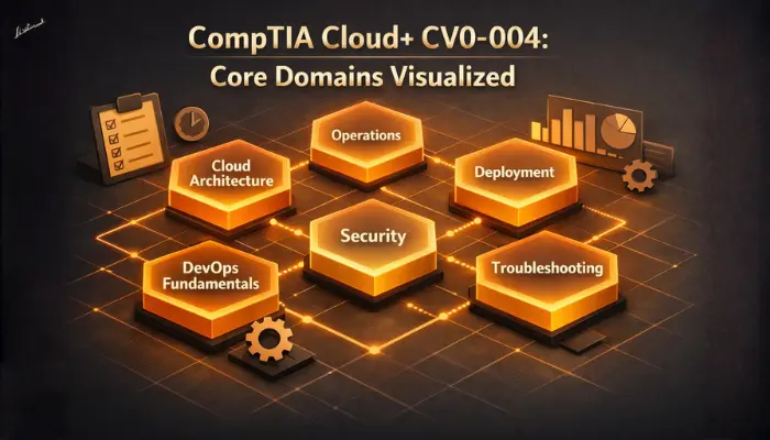 An isometric illustration showing interconnected hexagonal blocks representing the six core domains of the CompTIA Cloud+ CV0-004 exam syllabus.