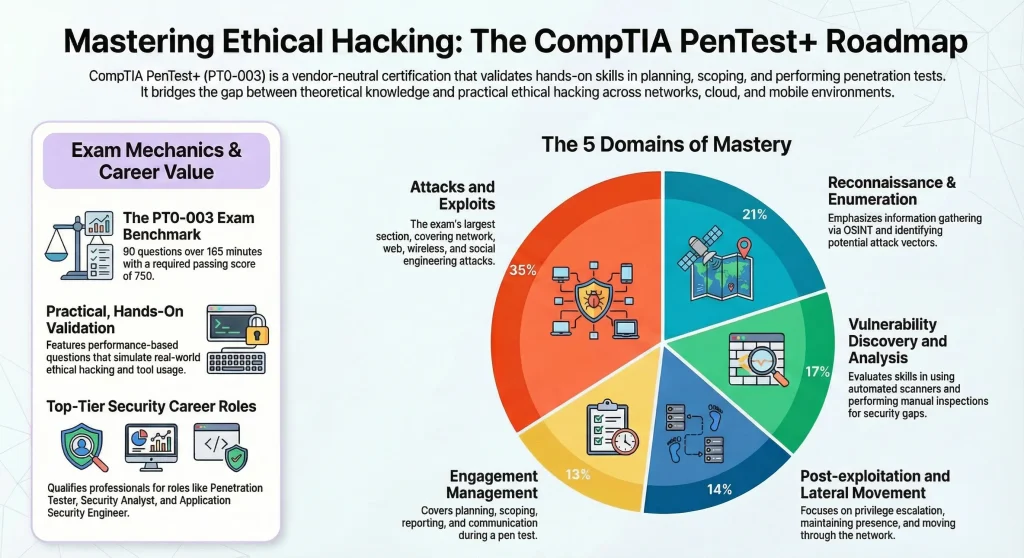 Infographic titled “Mastering Ethical Hacking: The CompTIA PenTest+ Roadmap” showing exam details, career value, and a pie chart of five domains including attacks and exploits, reconnaissance, vulnerability analysis, post-exploitation, and engagement management.