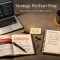 Workspace image titled “Strategic PenTest+ Prep: Your Guide to PT0-003 Success” featuring a laptop, study guide, notebook with exam notes, coffee cup, and a sticky note showing the exam date.