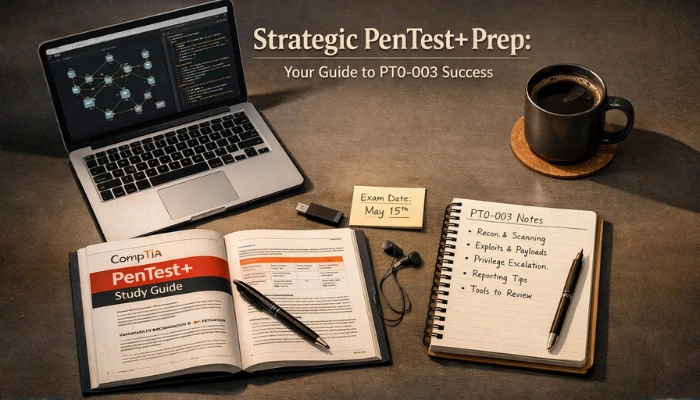 Workspace image titled “Strategic PenTest+ Prep: Your Guide to PT0-003 Success” featuring a laptop, study guide, notebook with exam notes, coffee cup, and a sticky note showing the exam date.
