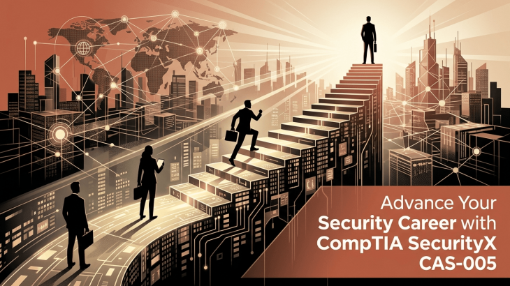 Digital illustration of an upward path with professional silhouettes, symbolizing career advancement through CompTIA SecurityX CAS-005 certification.