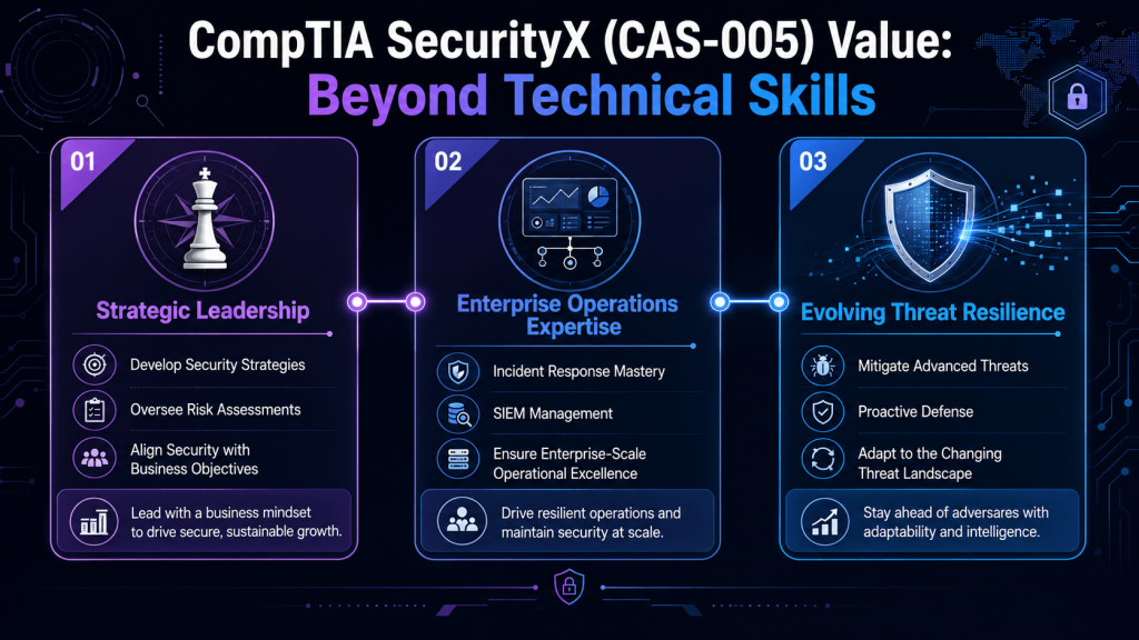 Infographic detailing the value of CompTIA SecurityX (CAS-005) in strategic leadership, enterprise operations, and building resilience against evolving cyber threats.