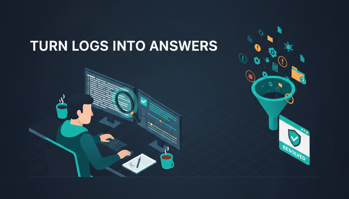 SOC analyst reading log lines with a magnifier and resolving alerts into a verdict for the CompTIA CySA+ CS0-004 exam, with a notepad and coffee on the desk