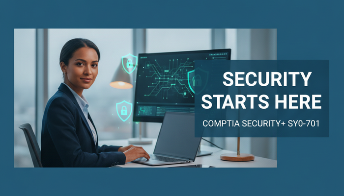 Real early-career cybersecurity professional at a security dashboard with shields and a network map, preparing for the CompTIA Security+ SY0-701 certification