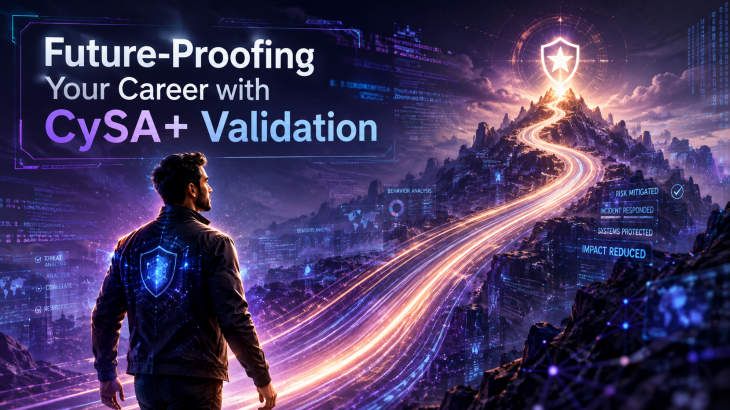 A digital illustration depicting an adult man confidently looking at an upward-curving, glowing path towards a futuristic career icon, symbolizing career progression and future-proofing with CySA+ certification.