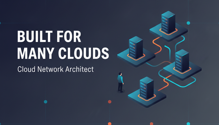 Connected cloud platforms holding server racks beside the words Built For Many Clouds