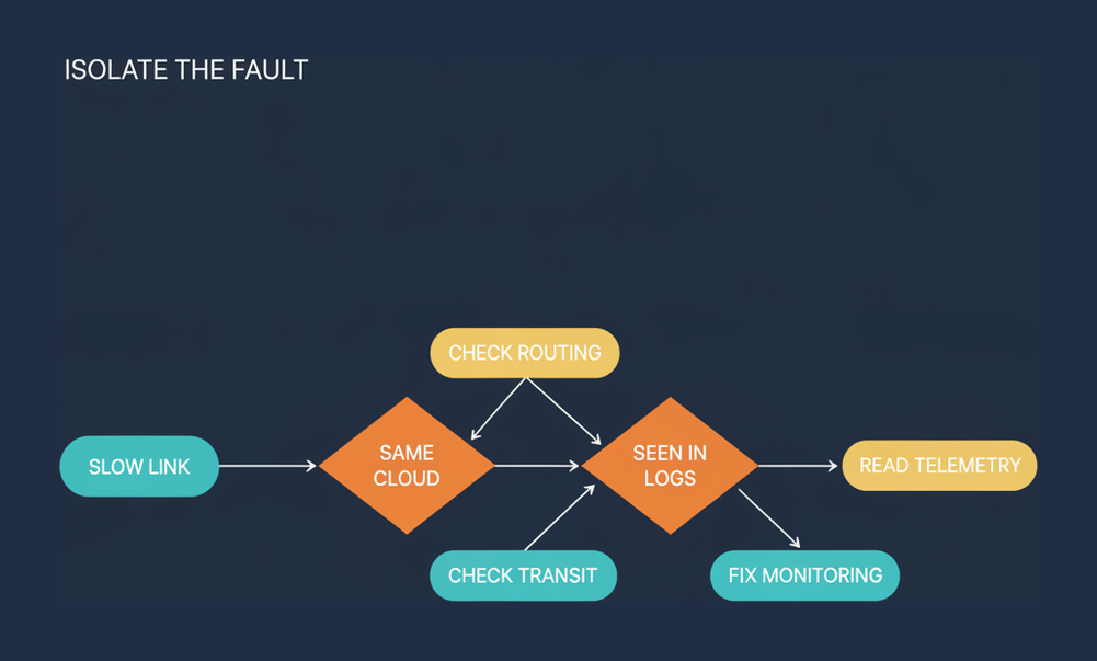 Decision flowchart for isolating a slow multi-cloud link through routing, transit and monitoring checks