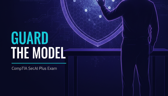 CompTIA SecAI+ CY0-001 AI security certification banner showing an analyst guarding a machine learning model pipeline