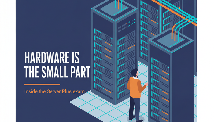 CompTIA Server+ SK0-005 exam objectives banner showing a server rack with the four domain weightings