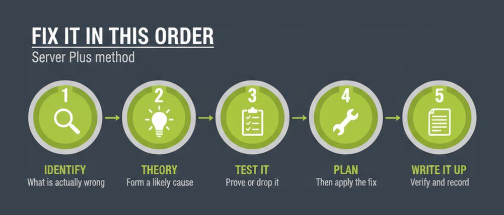 The CompTIA Server+ troubleshooting methodology in five steps from identify to document