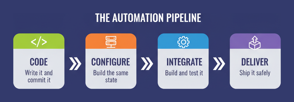 The AutoOps+ automation pipeline: code, configure, integrate and deliver