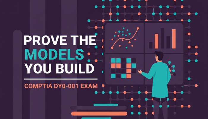 CompTIA DataAI DY0-001 exam banner showing a data scientist reviewing model output panels and a node network