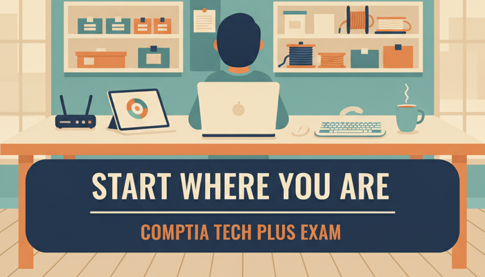 CompTIA Tech+ FC0-U71 certification banner showing a learner at a workbench with devices and study screens