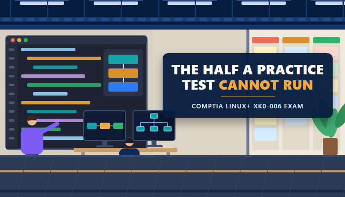 CompTIA Linux+ XK0-006 practice test banner showing a Linux administrator at a terminal with a headline about the hands-on exam items