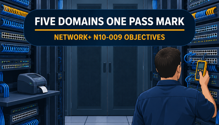 CompTIA Network+ N10-009 banner showing a network closet with switch stacks and patch panels behind the headline Five domains one pass mark