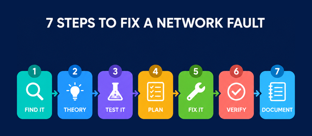 The seven N10-009 troubleshooting methodology steps shown as a horizontal row from identify the problem to document the findings